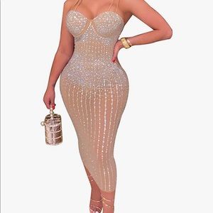 Rhinestone Spaghetti Strap Bodycon Midi Dress Sexy Mesh See Through Club Dress
